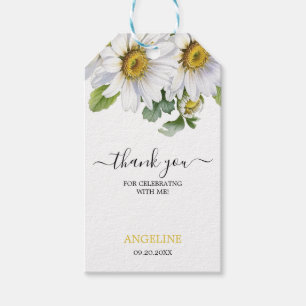 Étiquettes-cadeau Blanc Daisy Floral Verdure Script Anniversaire