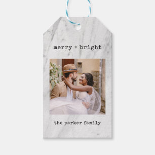 Étiquettes-cadeau Blanc marbre Joyeux Noël avec photo
