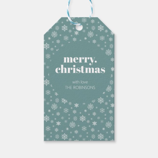 Étiquettes-cadeau Blanc Turquoise vert Joyeux Noël Fluge de neige Mo (Devant)