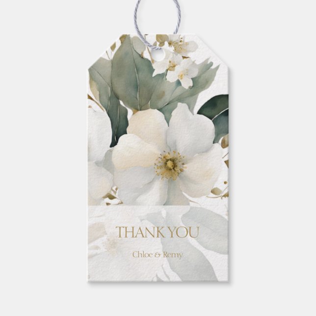 Étiquettes-cadeau BLANCHE | Aquarelle Merci Floral Mariage (Devant)