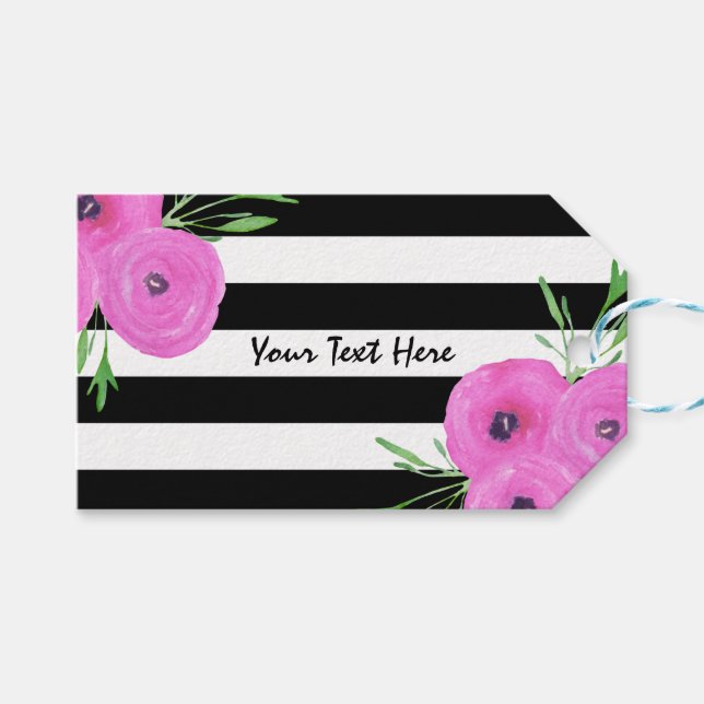 Étiquettes-cadeau Blancs noirs Ranunculus rose Floral (Devant (Horizontal))