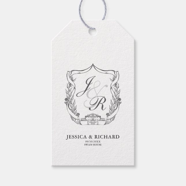 Étiquettes-cadeau Blason de monogramme de mariage élégant dessiné à  (Devant)