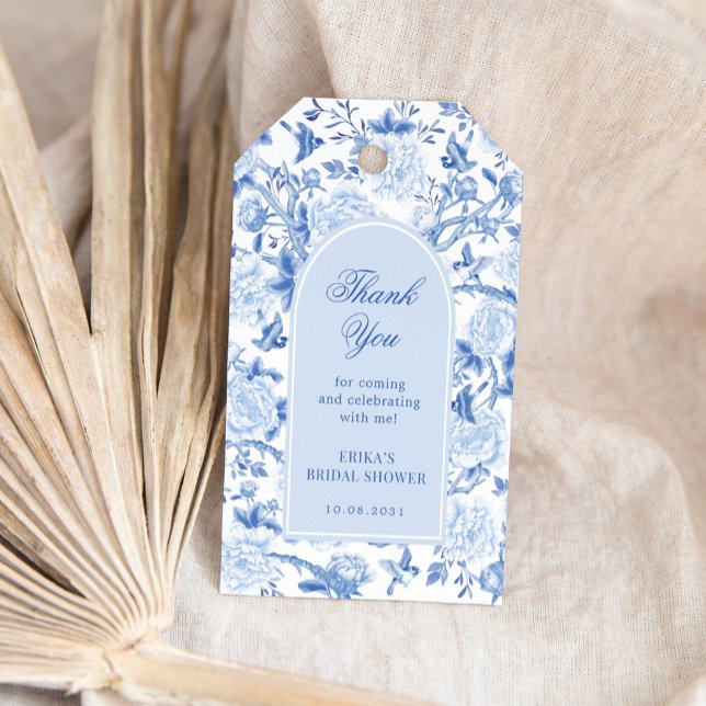 Étiquettes-cadeau Bleu Blanc Chinoiserie Fête des mariées florale Fa (Créateur téléchargé)