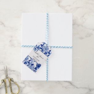 Étiquettes-cadeau Bleu Blanc Floral Chinoiserie Oiseau Merci