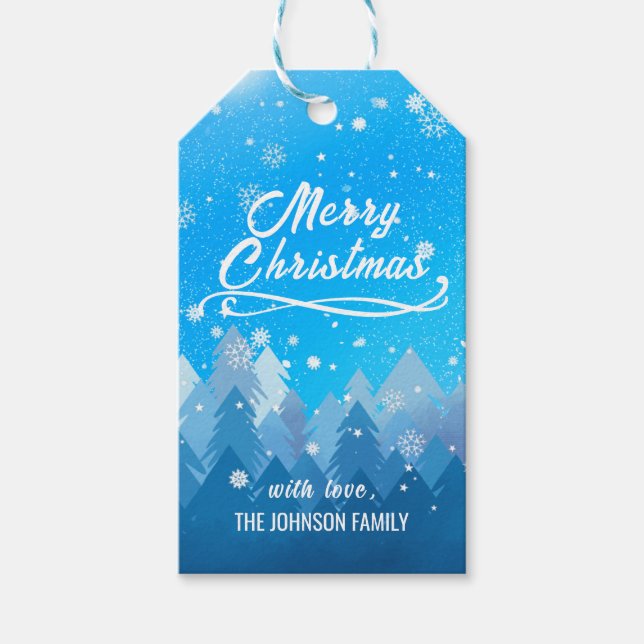 Étiquettes-cadeau Bleu Blanc Neige Paisible Forêt Joyeux Noël (Devant)
