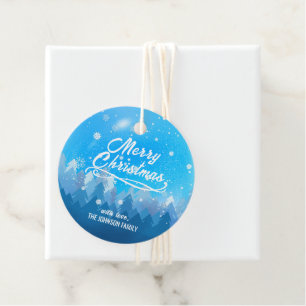 Étiquettes Cadeau Bleu blanc personnalisé Neige Paisible Forêt Joyeu