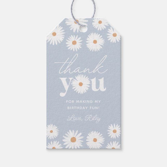 Étiquettes-cadeau Bleu Boho Daisy Merci fête d'anniversaire (Devant)