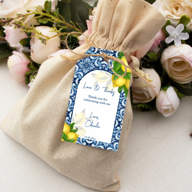 Étiquettes-cadeau Bleu carreaux citron Amalfi nuptiale merci (Blue tiles lemon Amalfi bridal shower thank you Gift Tags)