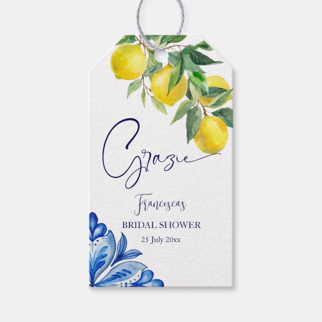 Étiquettes-cadeau Bleu carreaux citrons italien nuptiale (Devant)