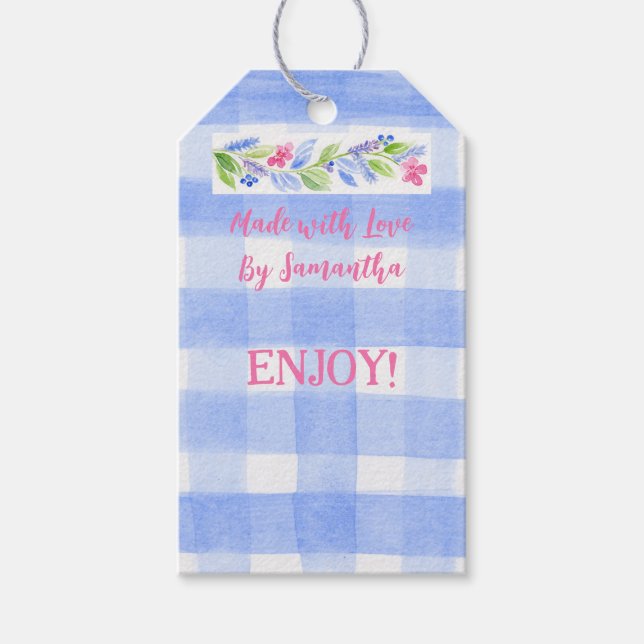 Étiquettes-cadeau Bleu Check En vichy Fleurs FABRIQUÉES AVEC AMOUR (Devant)