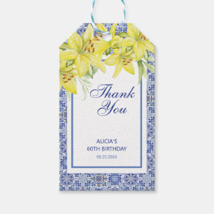 Étiquettes-cadeau Bleu Chic Portugais Azulejo Jaune Lily Merci