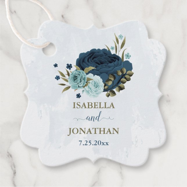Étiquettes Cadeau bleu clair marine fleurs mariage (Devant)