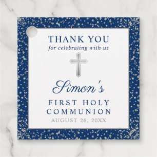 Étiquettes Cadeau Bleu de la marine d'argent Première Sainte Communi