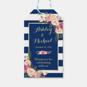 Étiquettes-cadeau Bleu de marine rayures Mariage de fleurs Merci