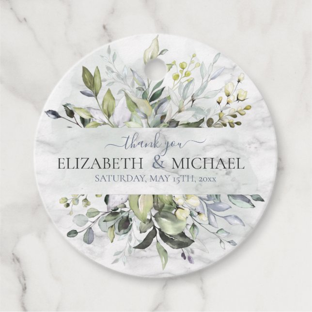 Étiquettes Cadeau Bleu Duché Eucalyptus Vert Marbre botanique (Devant)