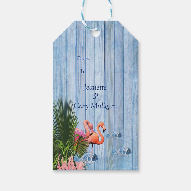 Étiquettes-cadeau Bleu Eau Cailloux, Flamants roses Roses & Poissons (Devant)