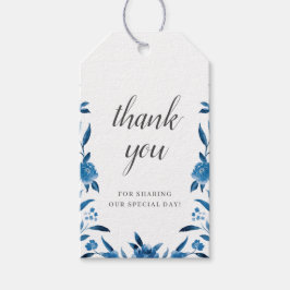 Étiquettes-cadeau Bleu et blanc aquarelle fleurie merci mariage