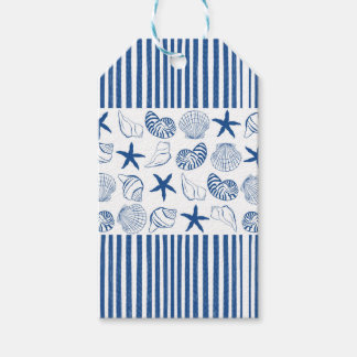 Étiquettes-cadeau Bleu et blanc Bandes et coquilles marines