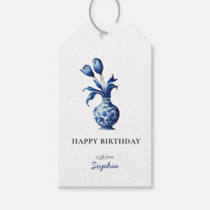 Étiquettes-cadeau Bleu et blanc Delft Tulips Joyeux Anniversaire éti