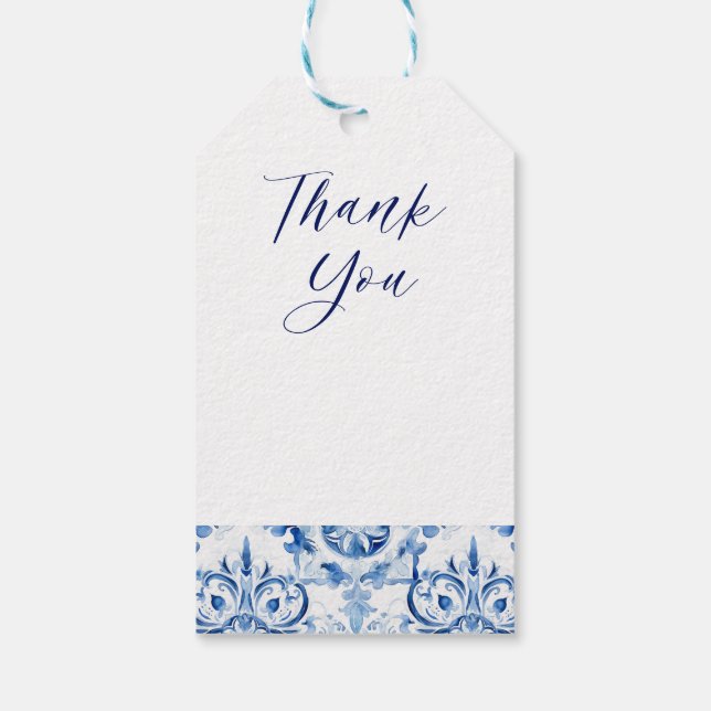 Étiquettes-cadeau Bleu et blanc Italien aquarelle carreaux motif (Dos)