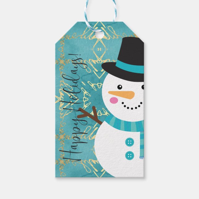 Étiquettes-cadeau Bleu et or Noël bonhomme de neige (Devant)