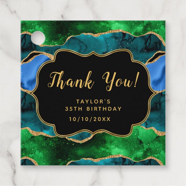Étiquettes Cadeau Bleu et vert Peacock Agate Anniversaire Merci (Devant)