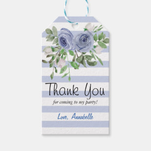 Étiquettes-cadeau Bleu Floral Aquarelle rayures Merci