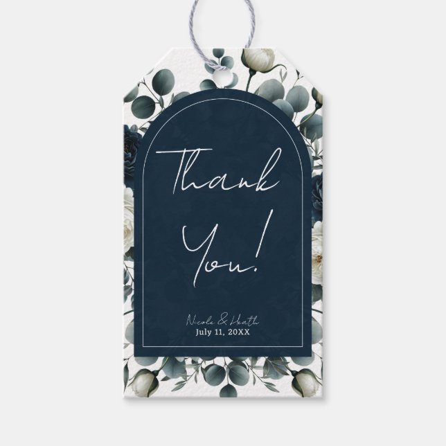Étiquettes-cadeau Bleu foncé et blanc Moderne Floral Mariage (Devant)