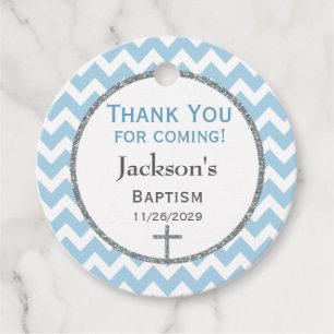 Étiquettes Cadeau Bleu gris Chevron Garçons Baptême Merci Favoriser