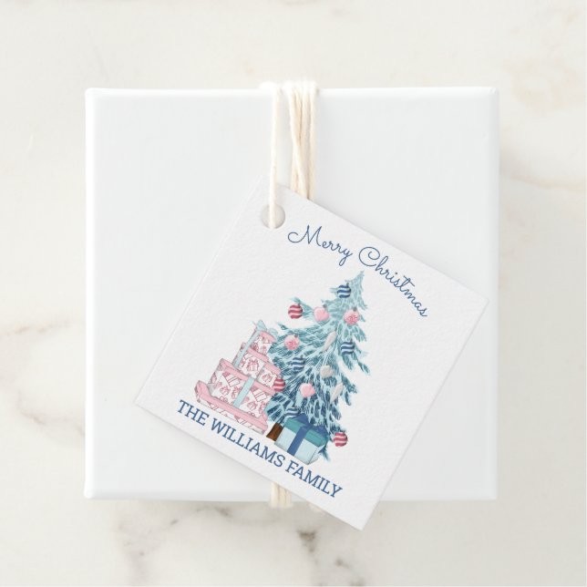 Étiquettes Cadeau Bleu joli sapin de Noël Joyeux Noël (En situation)