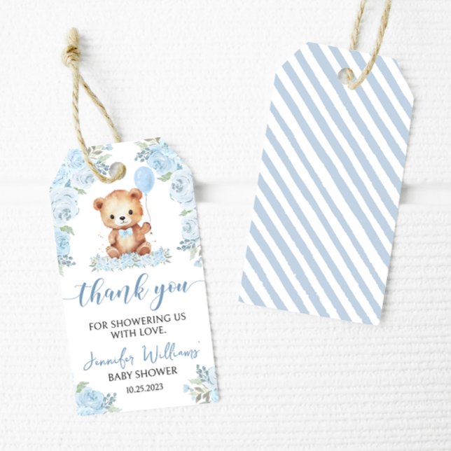 Étiquettes-cadeau Bleu ours en peluche garçon baby shower merci étiq (Créateur téléchargé)