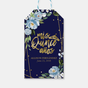 Étiquettes-cadeau Bleu Poussiéreux Fleurs Quincenera