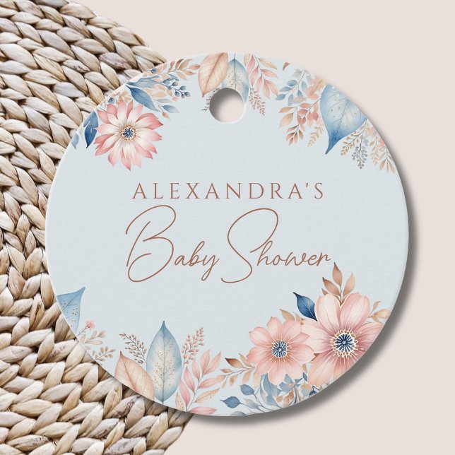 Étiquettes Cadeau Bleu rose Floral Boho Chic Baby shower Merci (Créateur téléchargé)