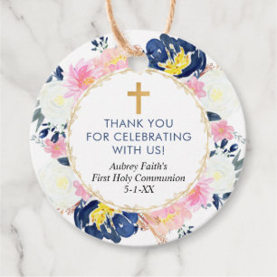 Étiquettes Cadeau Bleu rose jaune floral première communion baptême
