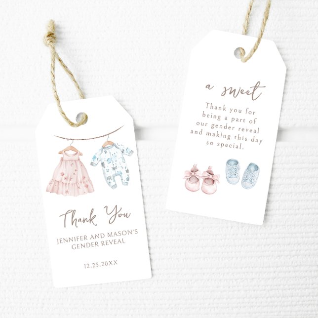 Étiquettes-cadeau Bleu rose Vêtements de bébé Genre Révéler Merci (Créateur téléchargé)