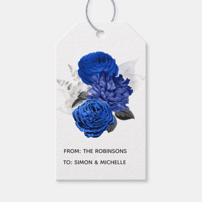 Étiquettes-cadeau Bleu Royal et Fleurs Argentées (Devant)