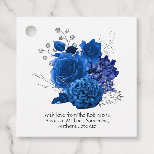 Étiquettes Cadeau Bleu Royal et Fleurs Argentées (Devant)