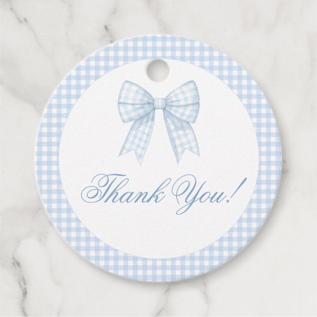 Étiquettes Cadeau Bleu ruban en vichy bébé garçon douche merci (Devant)
