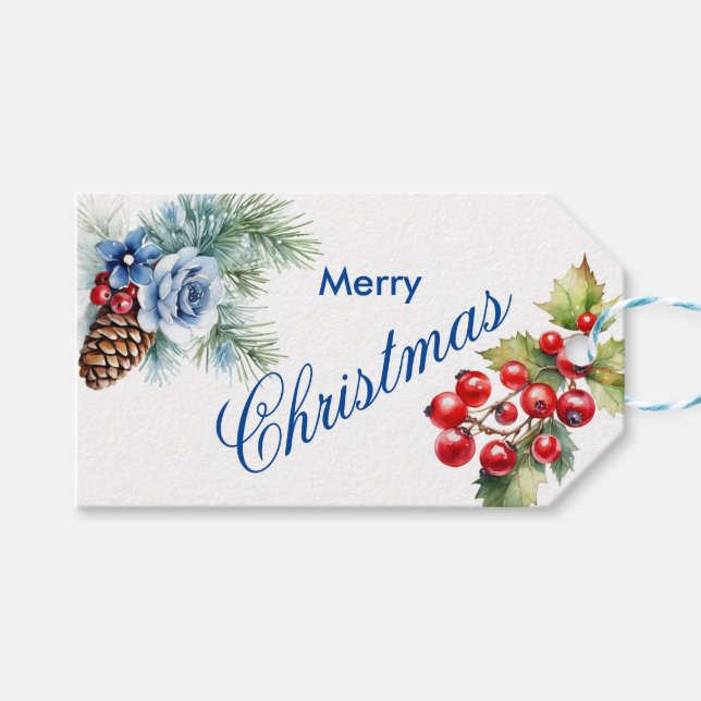 Étiquettes-cadeau Bleu sur blanc avec baies Holly Noël (Devant (Horizontal))