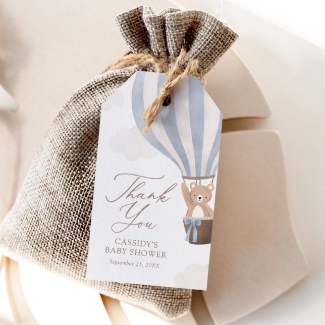 Étiquettes-cadeau Bleu Teddy Bear Baby shower à air chaud (Créateur téléchargé)