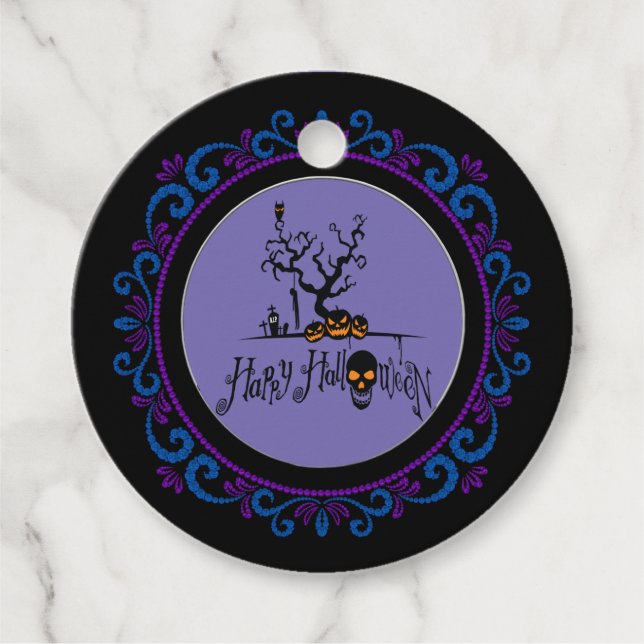 Étiquettes Cadeau Bleu violet Joyeux Halloween Grave Yard (Devant)