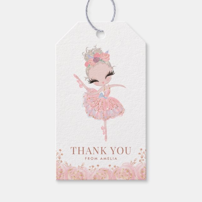 Étiquettes-cadeau Blonde Girl Ballerina en Robe Rose Anniversaire (Devant)