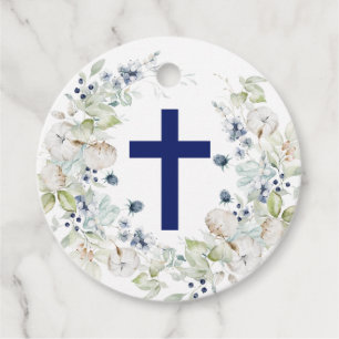 Étiquettes Cadeau Blue Botanical Wreath Boy Baptism Favoriser Tags