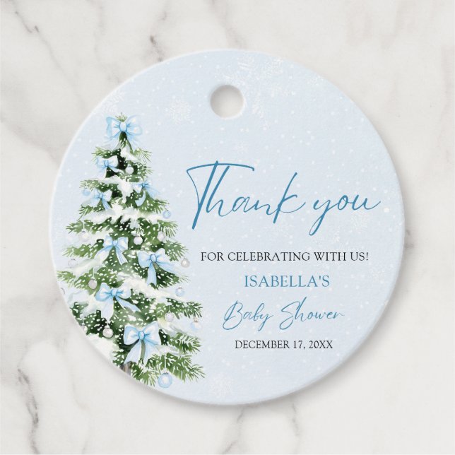 Étiquettes Cadeau Blue Bows Christmas Tree Boy Baby shower d'hiver (Devant)