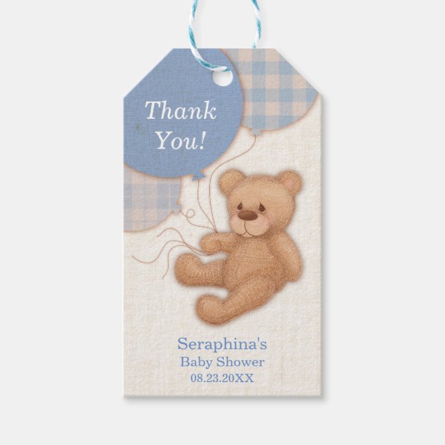 Étiquettes-cadeau Blue Boy Balloon Teddy Bear Merci (Devant)
