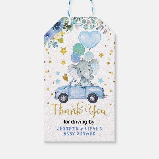 Étiquettes-cadeau Blue Boy Elephant Drive Par Baby shower Parade (Devant)