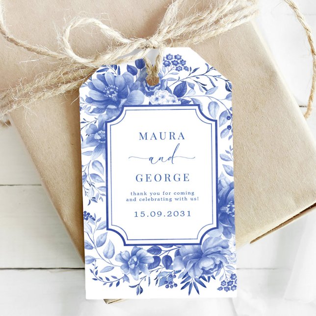 Étiquettes-cadeau Blue Chinoiserie Porcelain Botanique Peony Mariage (Créateur téléchargé)