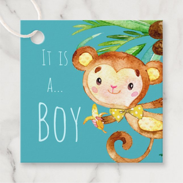 Étiquettes Cadeau Blue Cute Monkey Baby Boy Faire-part (Devant)