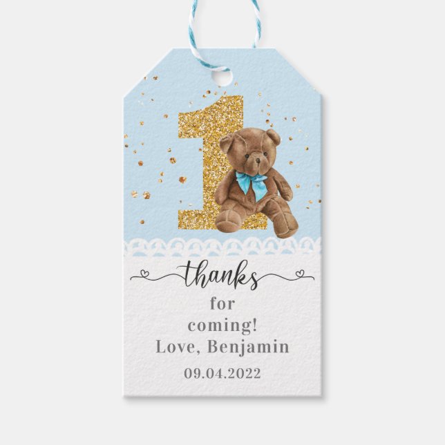 Étiquettes-cadeau Blue Cute Teddy Bear 1er anniversaire (Devant)