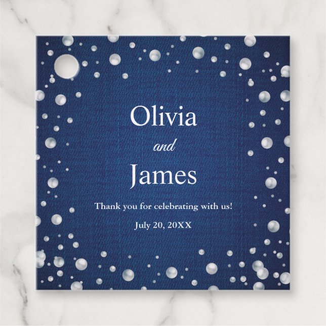 Étiquettes Cadeau Blue Denim Diamonds Pearls Mariage Douche Couple (Devant)